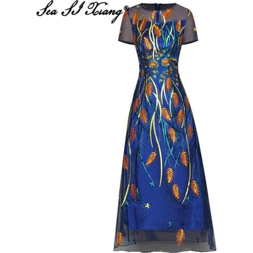 Seasixiang Fashion Designer Summer Mesh Dress Women O-Neck Short Sleeve Embroidery Midi Vintage Party Dresses