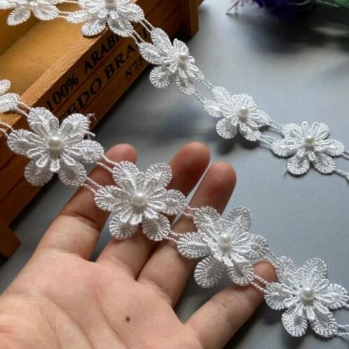 1 yard 3.5cm White Pearl Flower Polyester Fabric Lace Trim Ribbon Wedding Embroidered Applique Trimmings Sewing Craft Baby Dress