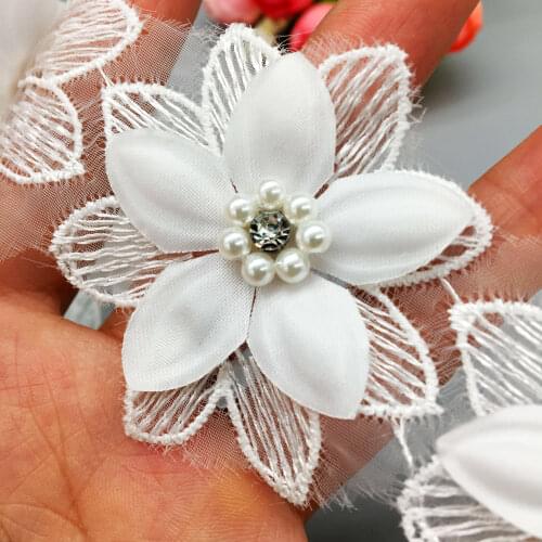 10x Pearl Lace Flower For Dress Ribbon Fabric Lace Trim Knitting Wedding Embroidered Handmade Patchwork Sewing Supplies Craft