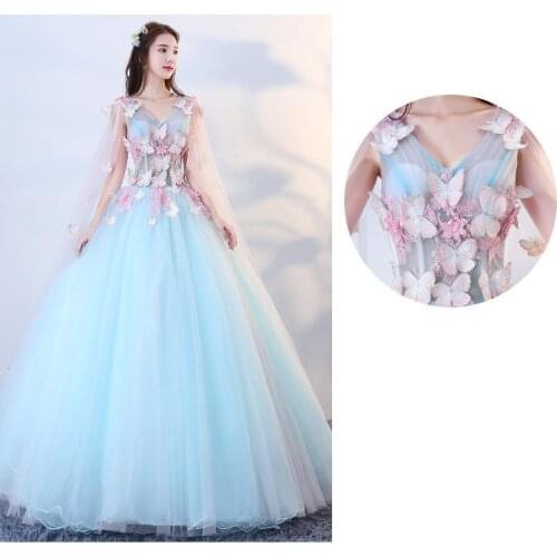 2021 Quinceanera Dresses With Cap Summer New Fairy Dress Butterfly Light Blue V Neck Ball Gown Vestidos De 15 Anos Quinceanera