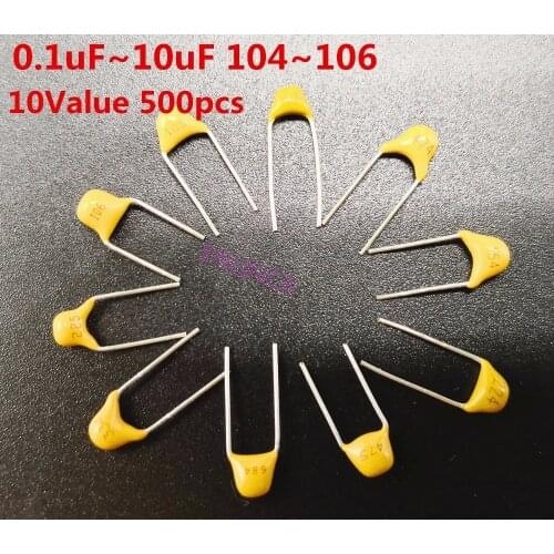 500pcs 10value kit 0.1uF~10uF 104 154 224 334 474 684 105 225 475 monolithic Multilayer ceramic capacitor Assorted Kit 5.08mm