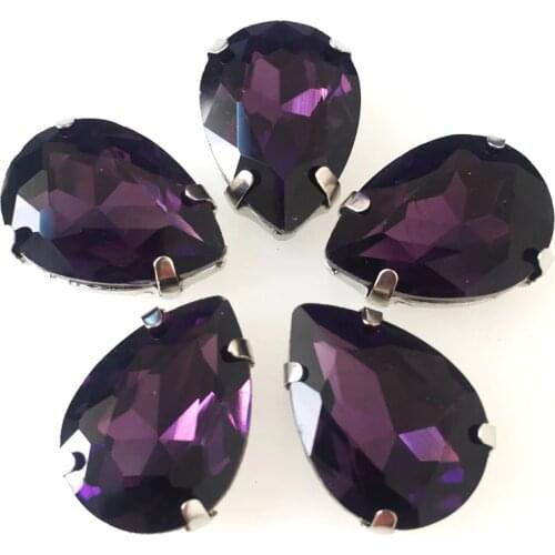 Free shipping!Deep purple Raindrop shaped Superior quality glass sew on rhinestones, Silver bottom loose rhinestones