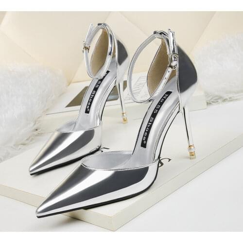 Sexy Pearl Heel Buckle Women Sandals Patent Leather Pointed Toe High Heels Shoes Woman Shallow Concise Ladies Office Shoes Party