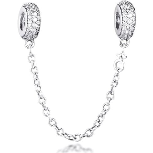 Real 925 Sterling Silver Pave Inspiration Safety Chain Original Fits Pandora Charms Bracelet Beads for Jewelry Making kralen