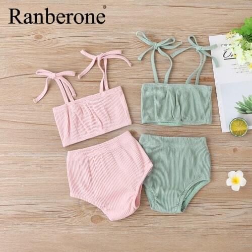 Ranberone New 2020 Two-Piece Grils Swimwear Green, Pink, Apricot Solid Color Cute Children Girls Summer Swimsuit Beachwear