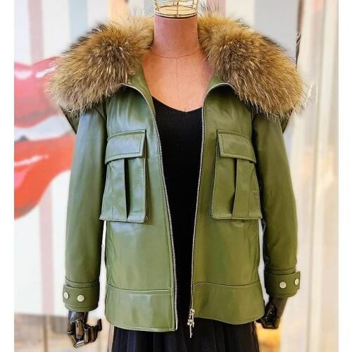 Mayloufer New Army Green Genuine Leather Jacket 100% Real Sheepskin Coat with Removable Natural Raccoon Fur Collar Hood
