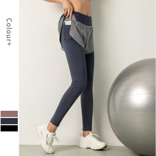 2 in 1 Women High Waist Yoga Pants Fake Two Pieces Seamless Leggings High Elastic Fitness Running Pants Exercise Tights Leggins