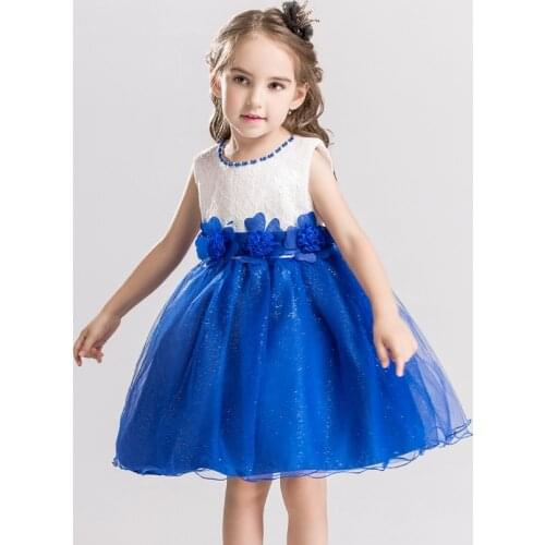 Summer Childrens Sleeveless Beaded Sequin Cotton Blue Girls Dress