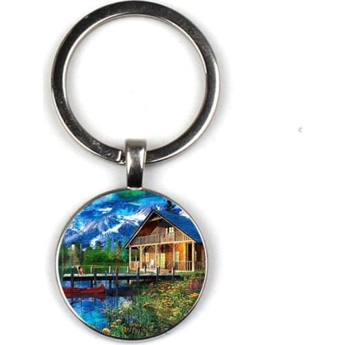 Painting Country House Painting Fashion Keychain, Handmade 25mm Round Glass Pendant Fashion Keychain