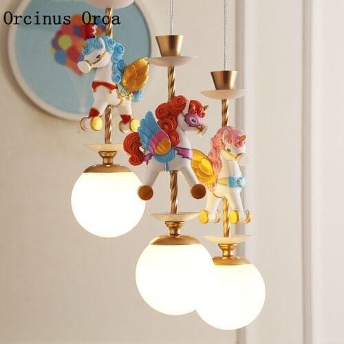 Cartoon Creative Unicorn Chandelier Boys and Girls Bedroom Childrens Room Lamp American LED Colour Resin Animal Chandelier