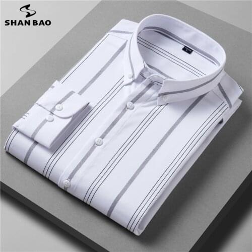 SHAN BAO 2021 Fall Luxury High Quality Bamboo Fiber Mens Striped Long Sleeve Shirt Business Casual Wedding Banquet Loose Shirt