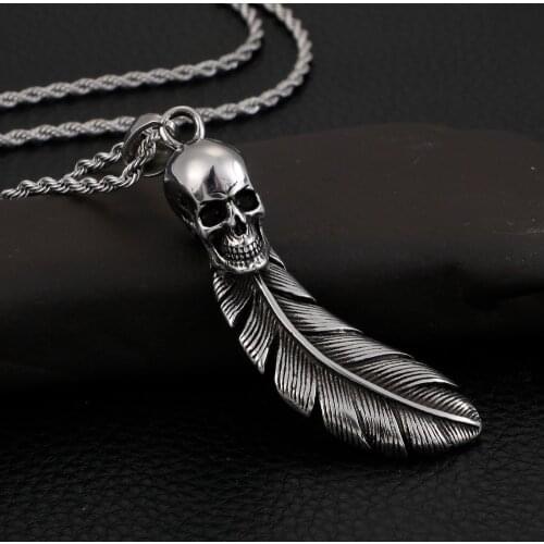 Feather Skull Stainless Steel Pendant Necklace For Men Personality Fashion Hiphop/Rock Punk Metal Necklace For Male Jewelry