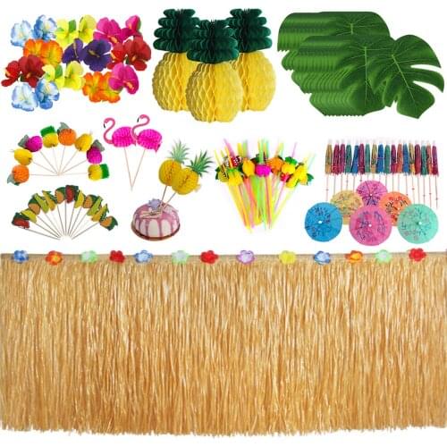 Hawaiian Theme Party Table Decorations Set Luau Grass Table Skirt and Artificial Palm Leaves Pineapples Flowers Straws