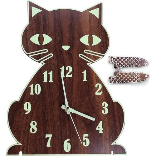 New Night Light Wall Clock, Luminous Wall Clock with Numerals & Hands Glow in Dark, Cat Wooden Wall Clock Decorative