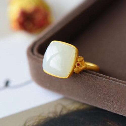 New silver inlaid natural Hetian jade square opening adjustable ring Chinese retro palace style womens brand jewelry