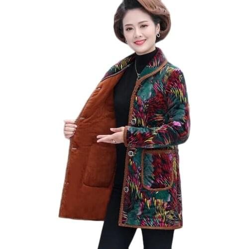 2021 New Winter Cotton Jacket Plus Velvet Thick Warm Outerwear Plus Size Womens Printed Long Cotton Coat Cold-proof Overcoat 5XL