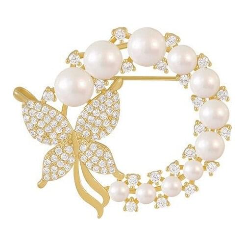New Pearl and Rhinestone Circle Brooches for Women Baroque Trendy Elegant Butterfly Brooch Pins Party Wedding Gifts
