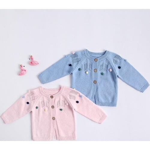 2019 Autumn Infant Girls Sweaters Baby Girl Cardigan Knit Sweater with Handmade Pompom Kids Cardigan 0-2Y Baby Girl Clothes