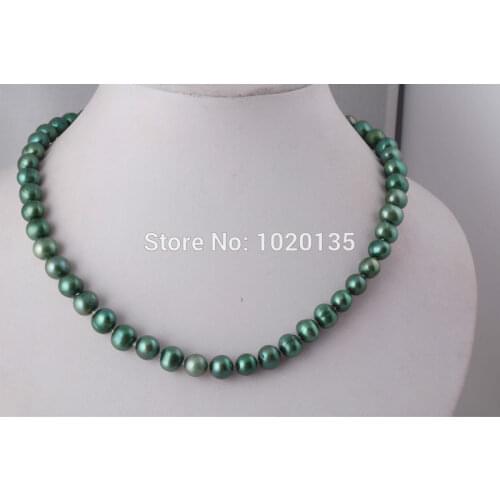 Freshwater pearl deep green near round 8-9mm necklace 17inch wholesale bead discount gift hot