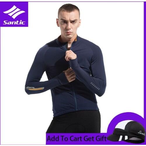 Santic Mens Cycling Jersey Winter Full Zipper Long Sleeve Bicycle Shirts Breathable Fleece Thermal Bike Reflective Sportswear
