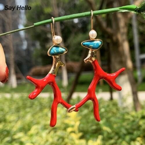 SAY HELLO Boho Green Turquoises Coral Stone Pearl Dangle Earrings for Women Original Handmade Metal Earrings Gifts Brinco E0124