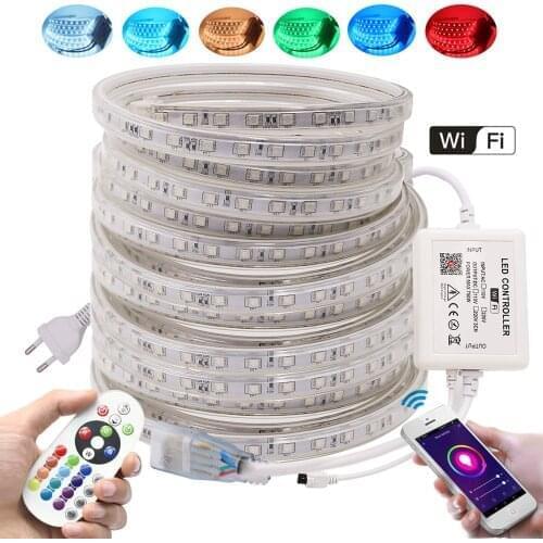 RGB LED Strip Light Wifi Control +Remote 5050 60Leds/m Flexible LED Tape 110V 220V Waterproof LED Ribbon White/Warm White/Blue