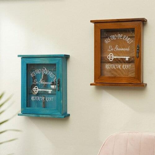 Vintage European Style Wooden Key Storage Cabinet Key Holder Box with Hanging Hooks