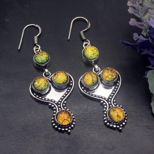 Hermosa Jewelry Round Shape Charms Dichroic Glass Silver Color For Women Ladies Hook Drop Dangle Earrings 2 1/2 Inch DH27