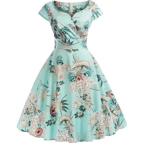 Ladies Elegant Spring Summer Swing Party Dress Vintage Hepburn Style Dress Women 50S 60S Slim Short Sleeve Print Party Dress