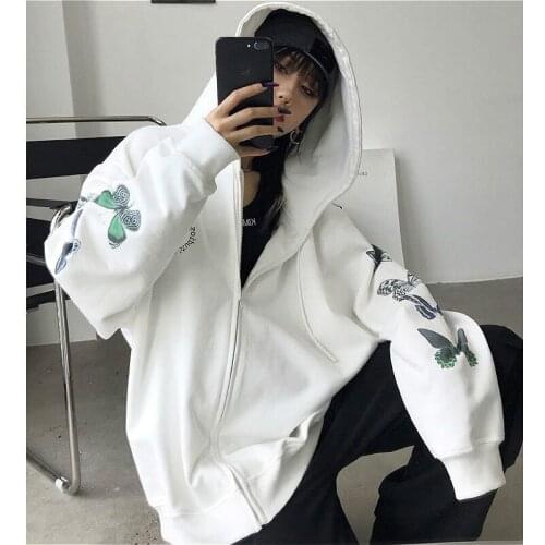 2021 Autumn Butterfly Printed Hooded Sweatshirts Women Long Sleeve Zipper Coats Hoodies Casual Loose Outerwear Female