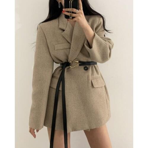 Womens Suit Blazer Double-breasted Button Design Slim Long Sleeve Woolen Coat with Belt Elegant Lapel Suit Jacket Coat Female