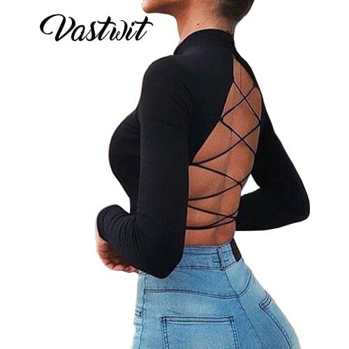 Women Sexy Open Back Crop Top Long Sleeve Summer Casual T-shirt