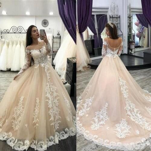 Champagne Sheer Scoop Applique Lace Crystal Long Sleeve Wedding Dresses 2020 New A-line Bridal Gowns vestidos de novia baratos