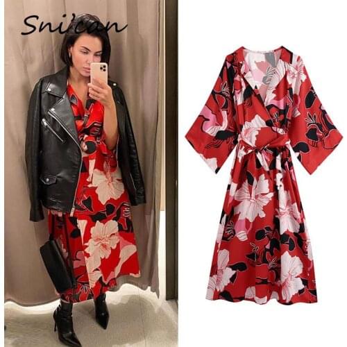 Red Floral Kimino Dress Turn Down Collar Butterfly Sleeve Sashes Loose Large Shirt Dresses Za 2021 Women Robe Sukienka Letnia