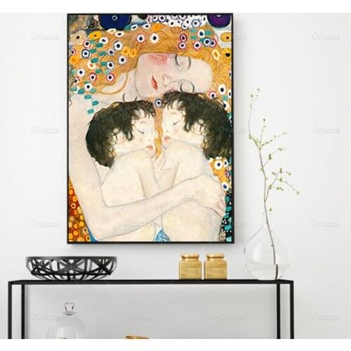 Famous Painting Mother Love Twins Baby By Gustav Klimt Canvas Painting Posters and Print Wall Art Picture for Living Room Decor
