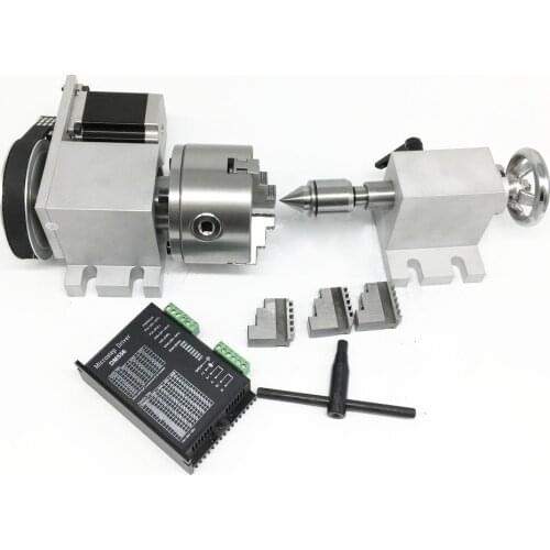 4 Axis Rotation A Axis Rotary 100mm Chuck& Driver & Nema23 Stepper Motor& Tailstock Kits for Wood Metal Plastic CNC Router
