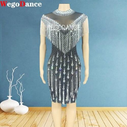 Sparkly Silver Fringe Rhinestone Mesh Short Dress Women Birthday Evening Black Costume Dancer Singer Prom