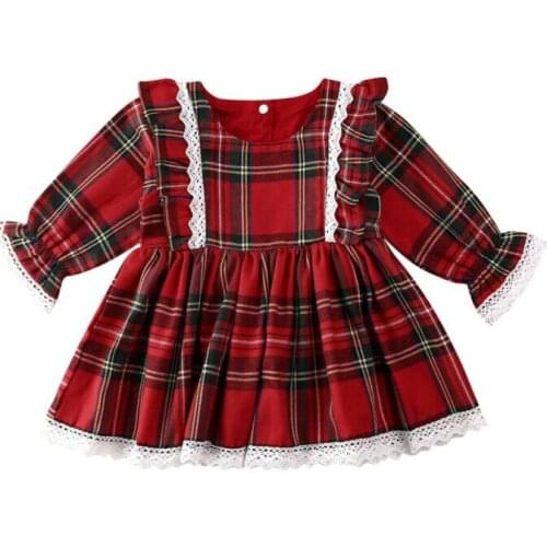 Christmas Kids Baby Girls Ruffles Lace Plaid Dress Princess Pageant Party Xmas Dress Clothes Long Sleeve Casual Clothing