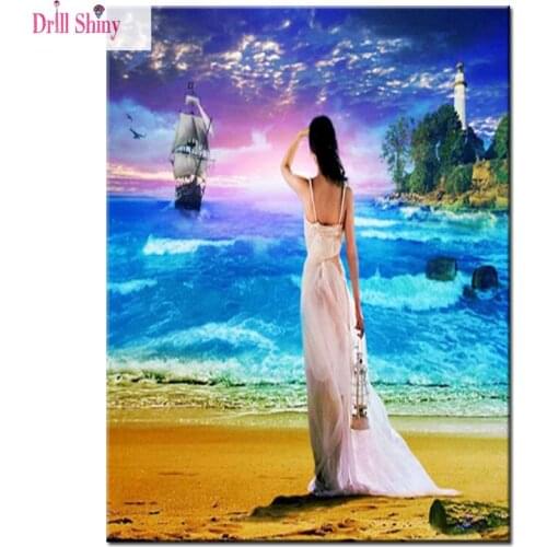 Seaside girl landscape resin diamond painting embroidery full Round mosaic cross stitch kits painting on canvas wall art decor