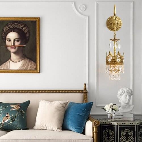 French light luxury crystal wall lamp bedroom living room sofa TV background wall bedside lamp aisle all copper retro wall lamp