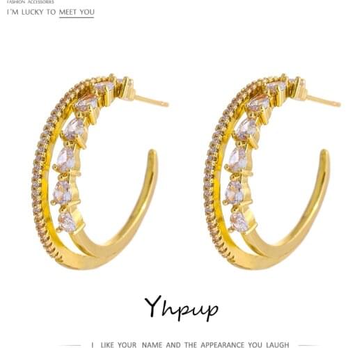 Yhpup Exquisite Shiny Cubic Zirconia Geometric Stud Earrings Women Gold Metal Copper Fashion Earrings Jewelry bijoux ete 2021