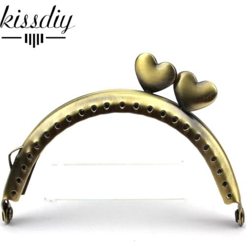 KISSDIY 10pcs/lot DIY 8.5cm Antique brass Heart bead Metal Purse Frame kiss clasp Handle for Bag Craft bag making ,freeshipping