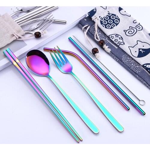 Korean creative titanium plated portable tableware 7 pieces set color 304 stainless steel spoon chopsticks set straw set