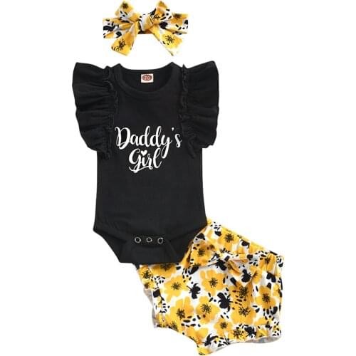 Summer Outfits Baby Girls Clothes Set Infant Ruffled Sleeve Letter Romper Bodysuit + Floral Bow Shorts 0-18 Months kid Clothing