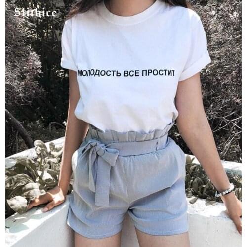 Slithice Fashion Cotton T-shirts for women Shirts harajuku Russian Letter Print Casual Summer female T-shirt Tops White Yellow