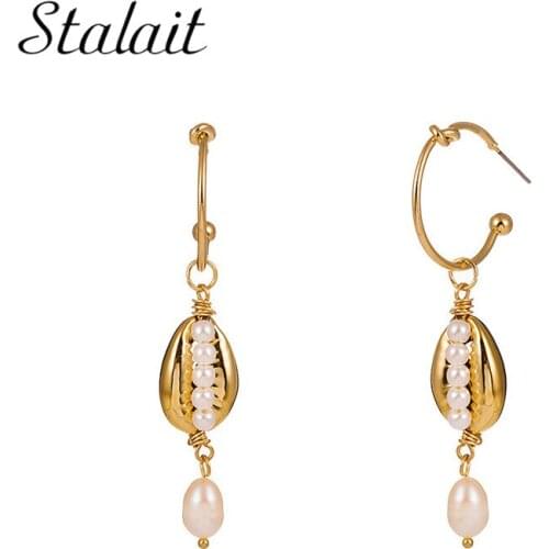 Fashion Gold Color C Shape Hook Shell Dangle Earrings Vintage White Fresh Pearl Handmade Drop Earrings Women Girl Party Jewelry