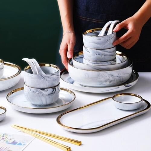 MT Nordic creative marble gilt edged ceramic bowl plate tableware set household rice plate deep dish dish soup bowl