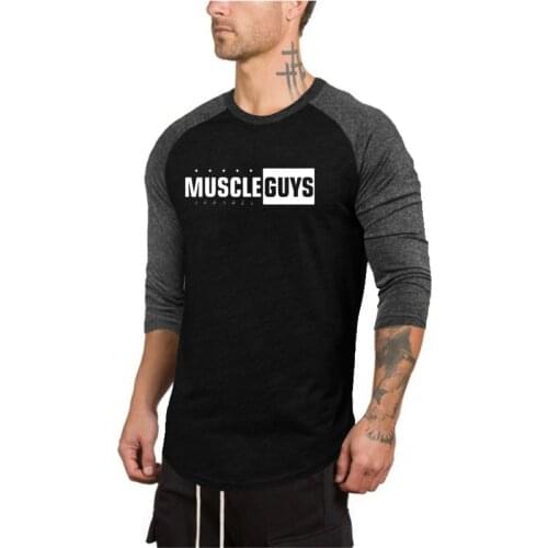 Muscleguys Mens Seven Quarter sleeve t shirt cotton Slim fit tshirt gyms Fitness Bodybuilding workout clothing Brand tee tops