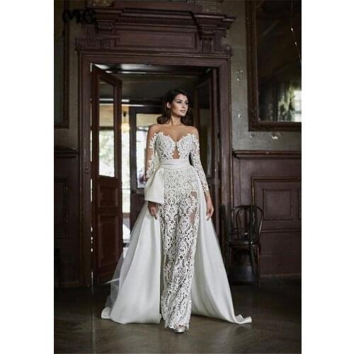 2020 New Lace Wedding Bridal Jumpsuit Dresses Sheer Long Sleeves Appliques Floor Length Bridal Gowns Vestido de festa With Over