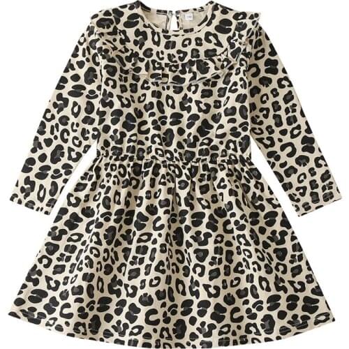 2021 New Baby Girls' Leopard Print Dress Long Sleeve Round Neck Spring and Autumn Fashion Childrens Loose Outfits Clothing35